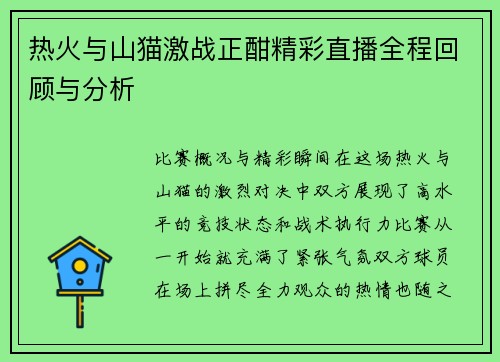 热火与山猫激战正酣精彩直播全程回顾与分析