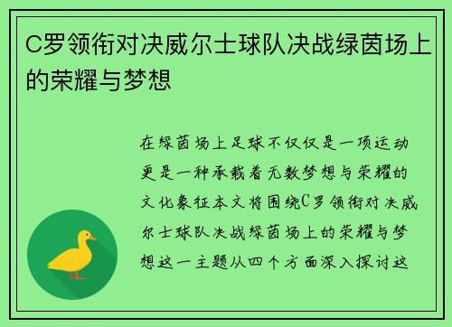 C罗领衔对决威尔士球队决战绿茵场上的荣耀与梦想